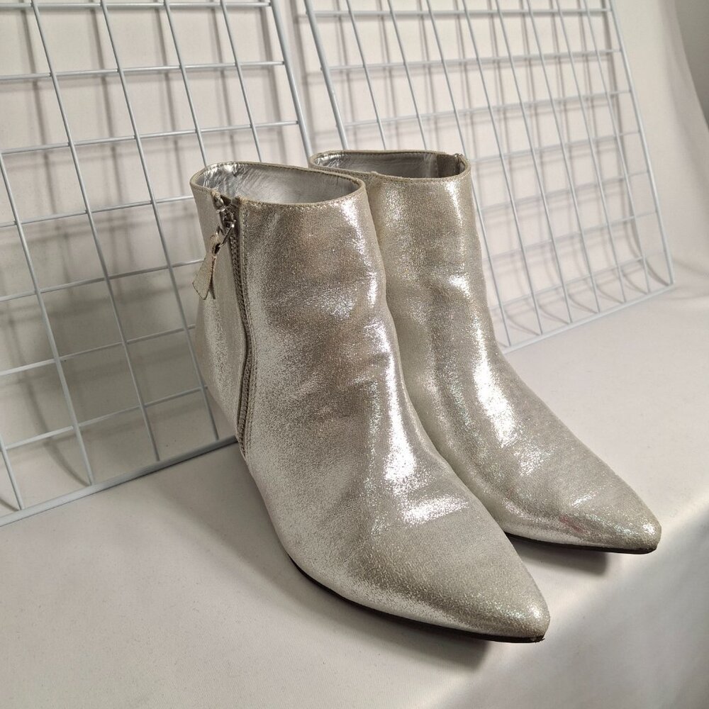 Silver Kitten Heel Pointed Toe Ankle Boot Bootie Metallic Glitter Sz 8 Zipper - Picture 3 of 14